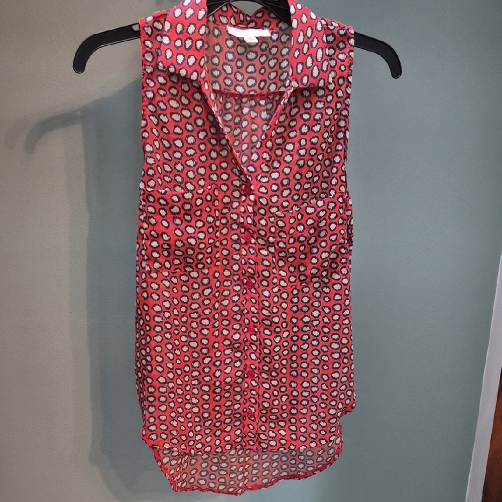 Sleeveless Orange Shear Printed Button-Front Blouse